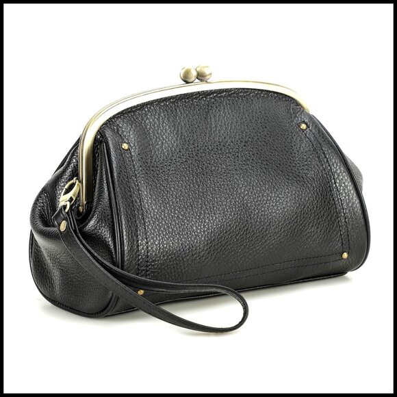 Full Grain Leather Kiss Lock Clutch Vintage Evening Purse Elegant Retro